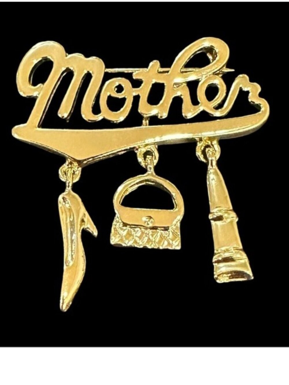 AJC Gold-Tone "Mother" Brooch With Dangling Shoe Purse & Lipstick Charms 1.5"x1.